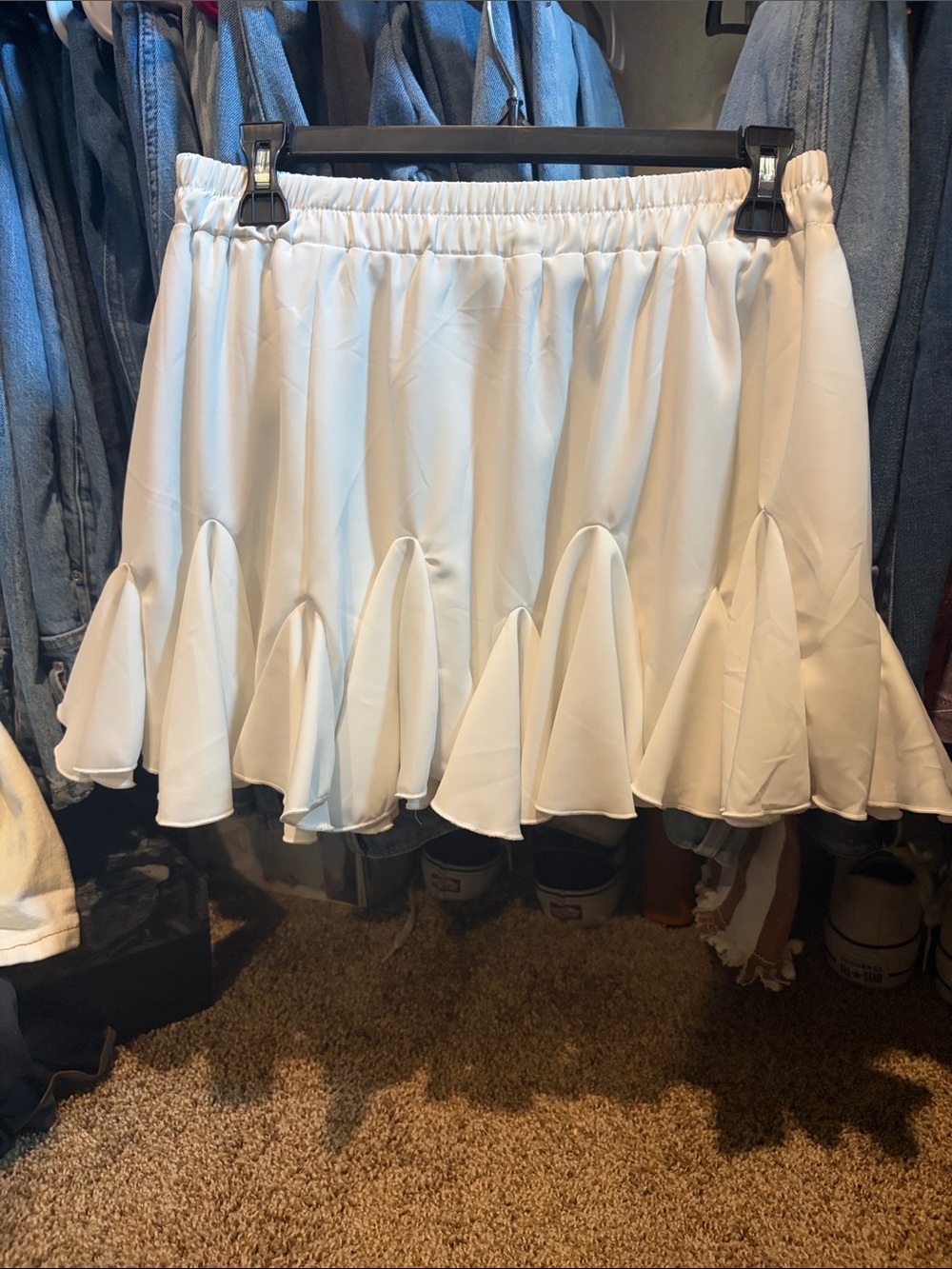 Women's White Ruffle Hem Skater Skirt with Elastic Waist